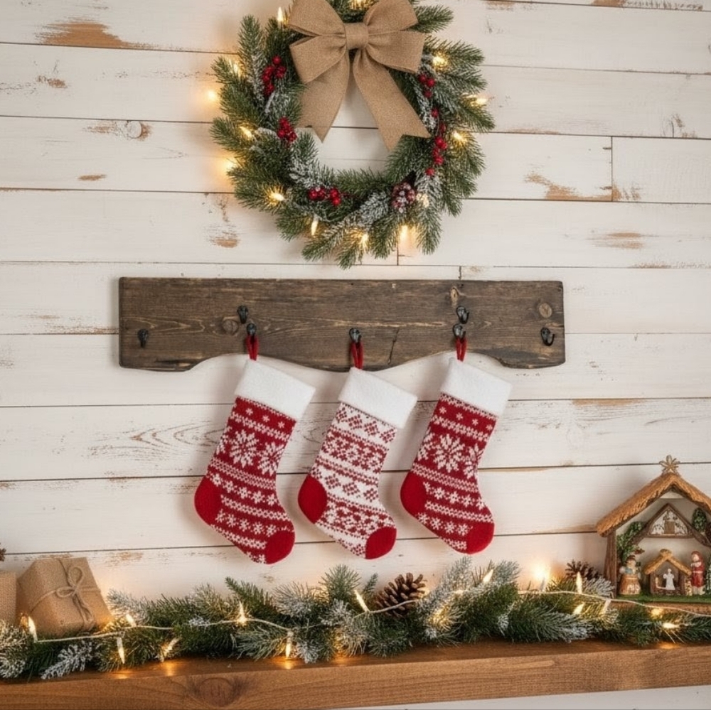 ​🎄 Rustic Farmhouse 5-Hook Christmas Stocking Holder